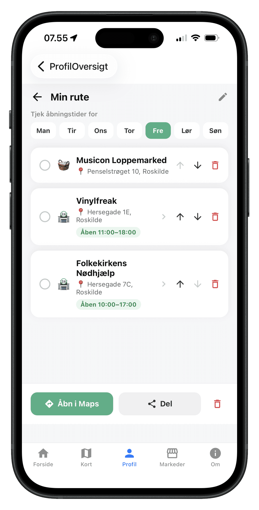 Min rute i Racster med tre stop og åbningstider for den valgte dag