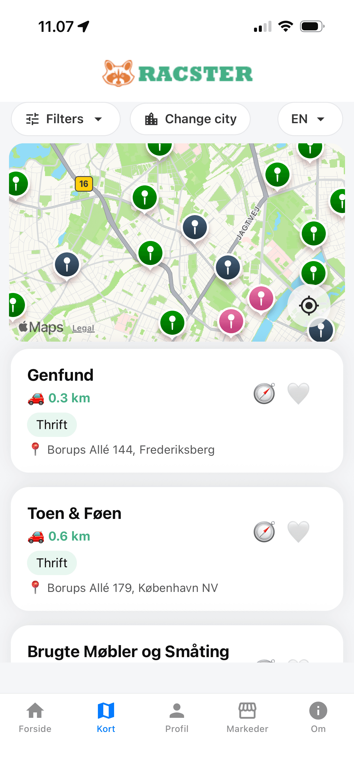 Racster-appens kort